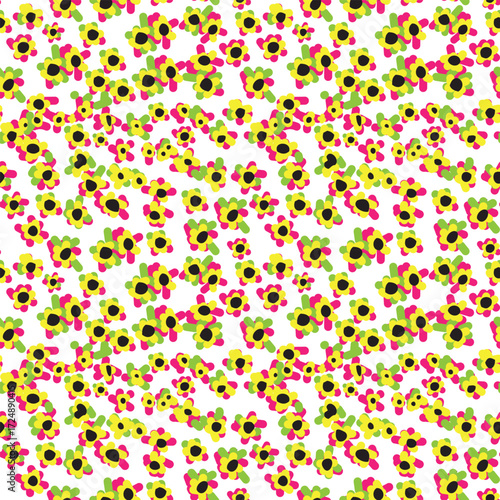 a decorative repeat ditsy flowers composition,  vibrant pink, green and yellow flowers with varying shapes and sizes scattered across a white background.