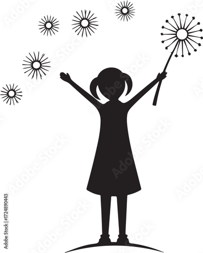 Silhouette of a girl blowing dandelion seeds Keywords: silhouette, girl, child, blowing