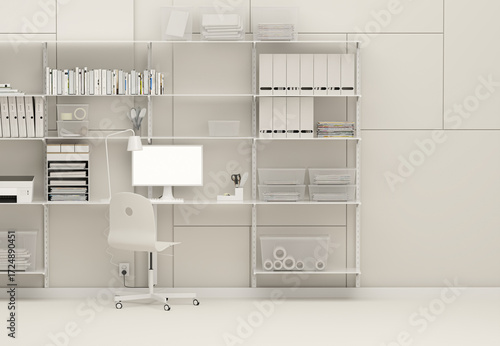 White monochrome minimal office table desk. Minimal idea concept for study desk and workspace. Mockup template, 3d rendering	