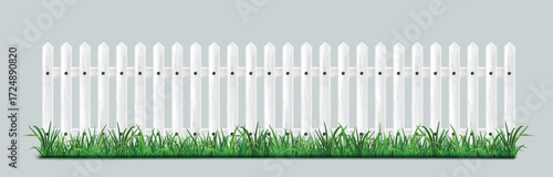 Vector art of white picket fence with green grass