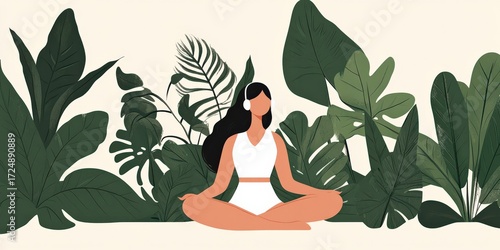 Wallpaper Mural 植物に囲まれたヨガをする女性イラスト Torontodigital.ca