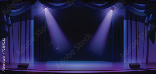 Vector art of empty theater stage with purple spotlights and curtains
