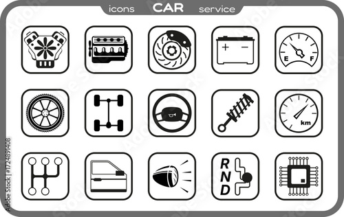 Set of car parts icons in SVG format, black color, v.001