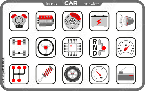 Set of car parts icons in SVG format, black,red and gray colors, v.001
