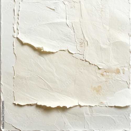 Abstract textural art; beige/cream torn paper layers with crinkles & aged stains, creating a tactile, minimalist collage-like effect, square format