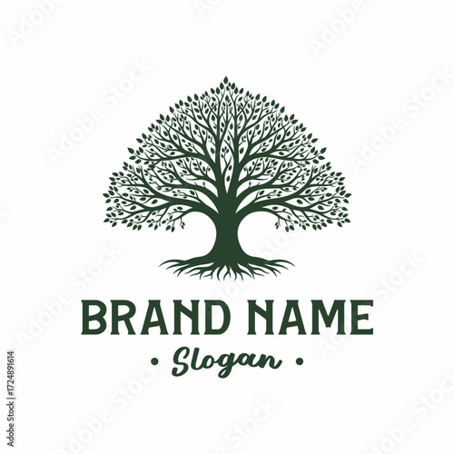 A classic logo design featuring a detailed green tree of life with a thick trunk, lush canopy, and visible roots.