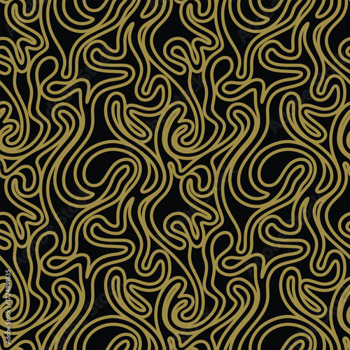 A swirling gold repeating line pattern on a black background, creating an intricate, abstract design with fluid movements.