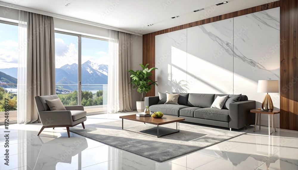 Fototapeta premium A modern living room—white sectional, leather chair, mountain painting, sunlit plant—rests in curated calm. A metaphor for domestic harmony and the choreography of space through light and memory.