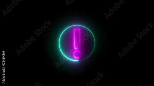 Exclamation mark enclosed by a circle. neon animation on a black screen.