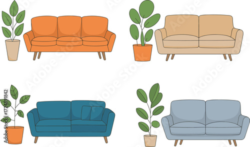 Modern sofa set with indoor plant, living room furniture design, home interior decoration, stylish couch seating, cad drawing flat vector illustration