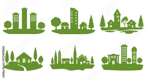 Green cityscape silhouettes illustrating urban and suburban landscapes diversity