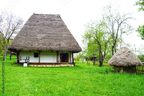 Traditional Romanian village architecture in the Romulus Vuia Ethnographic Park: a thatched-roof house on a green lawn. Сultural heritage, ethnographic preservation, rural tourism, eco travel themes 