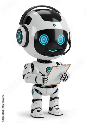 Cute futuristic humanoid robot with headset holding a clipboard, AI assistant concept, isolated on white background