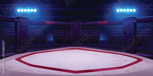 Vector art of empty mma octagon fighting cage with stadium seating and spotlights