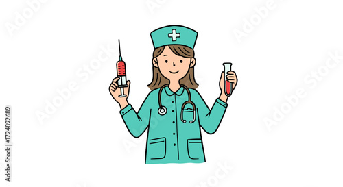 Nurse in the laboratory takes a blood sample with a syringe and test tube while smiling 
