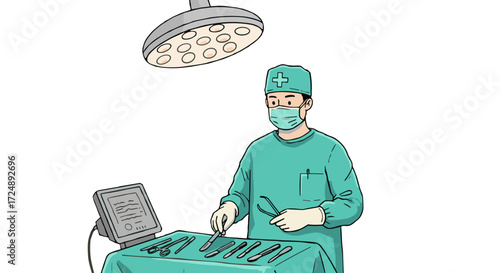 Surgeon in the operating room prepares for surgery in a sterile environment with medical tools