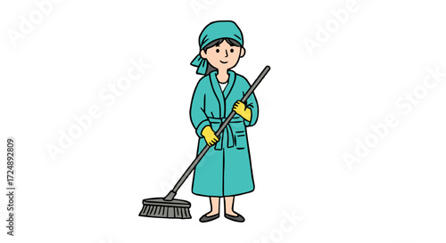 Cleaner in work attire performs cleaning and disinfection in a medical facility with a broom