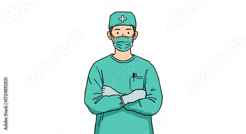 Doctor or nurse stands confidently in medical scrubs and mask with arms crossed