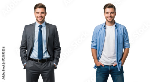 Young caucasian man, mid-20s, smiling, depicted side-by-side in sharp suit and casual jeans on transparent studio background with ample copy space, concept of adaptable personal style