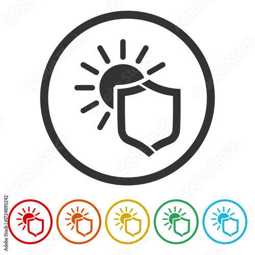 Shield sun protection icon. Set icons in color circle buttons