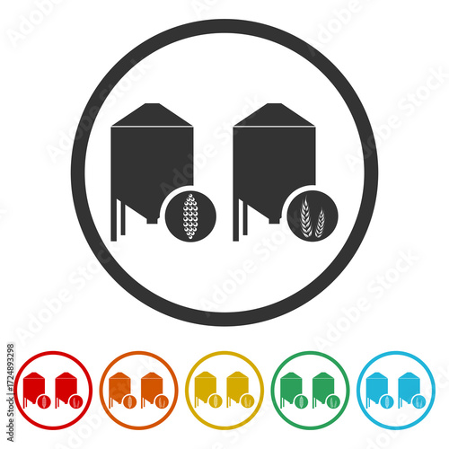 Wheat and corn silo icon. Set icons in color circle buttons