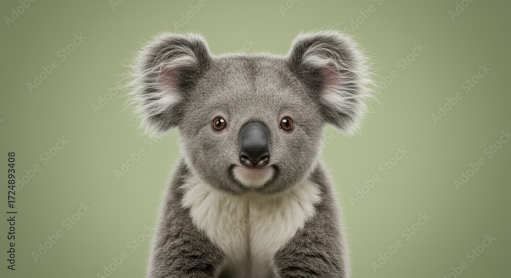 Fototapeta premium Cute koala portrait against soft green background, showing its fluffy fur, round eyes, and sweet calm expression.