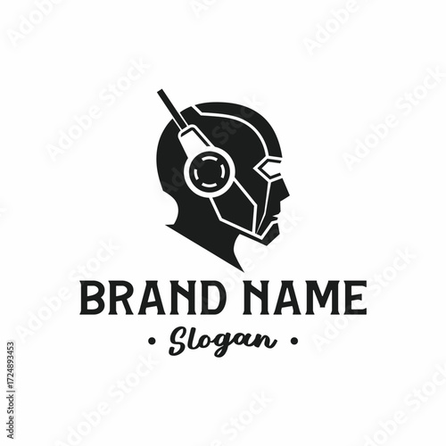 A black and white logo featuring a futuristic robot head with headphones and a brand name with a slogan.