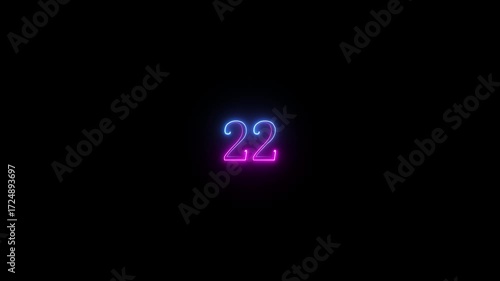 neon glowing  text 22 number sign icon animation on a black background.