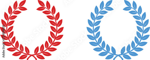 Two laurel wreaths, one red and one blue, symbolizing achievement and victory against a white background.