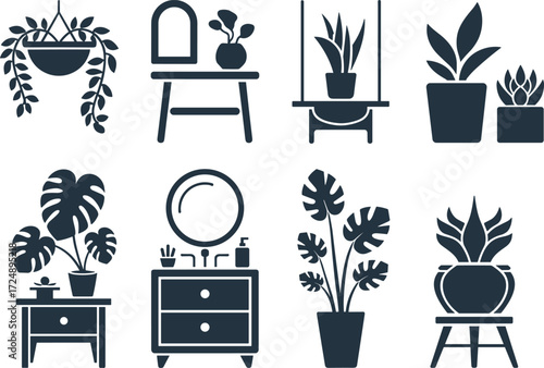 Indoor plants furniture decor silhouette, home plant pot vector icons, botanical decoration elements, minimalist design, cad drawing flat vector illustration