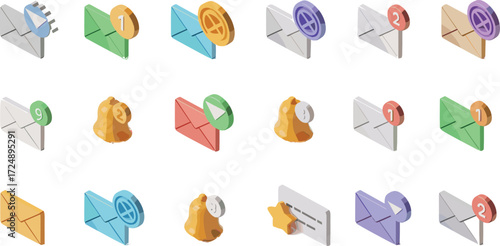 Modern email message icon set with notification alert, inbox mail, communication envelope, reminder symbol, digital mailbox, cad drawing flat vector illustration