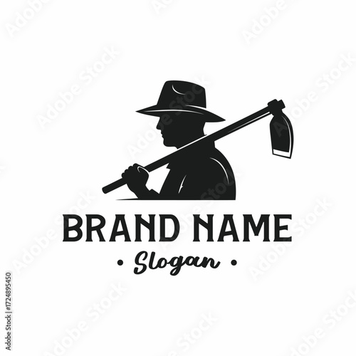 Silhouette of a farmer with a hat, holding a hoe over his shoulder, with brand name and slogan.