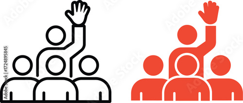 Diverse group of people raising hands in agreement or asking questions