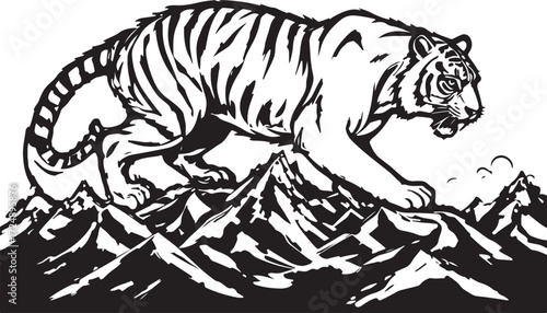 Tiger on Mountain Peaks | Bold Line Tribal Spirit Animal Vector Artwork