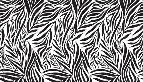 A bold black and white seamless pattern of lush, flowing leaves and delicate branches intertwining on a stark white background design, repeating print