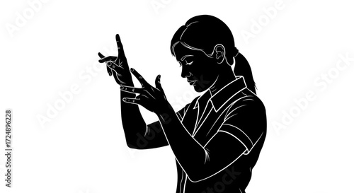 Expressive Vector Silhouette of a Woman Interpreter Translating Dialogue with Sign Language