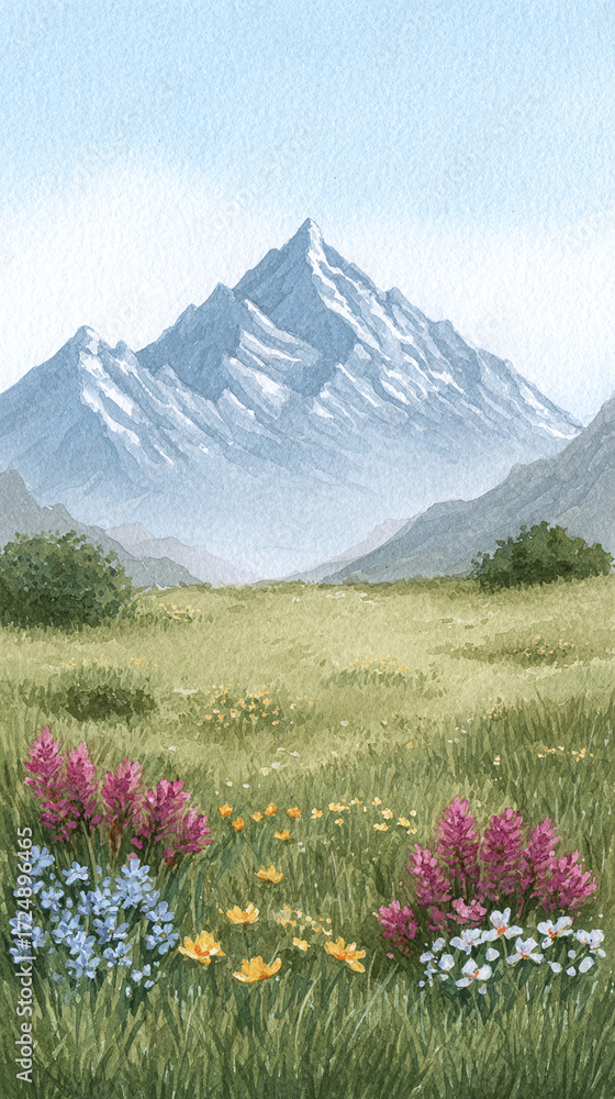 Fototapeta premium A Serene Landscape of Majestic Mountains Surrounded by Vibrant Wildflowers in a Tranquil Meadow, Perfect for Nature Lovers and Outdoor Enthusiasts Seeking Scenic Beauty