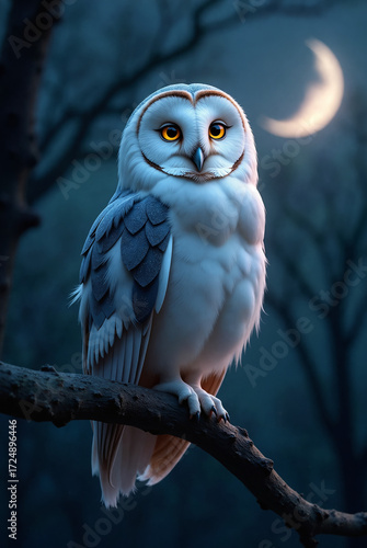 A single Dream Owl perched on a moonlit branch at night - generative ai