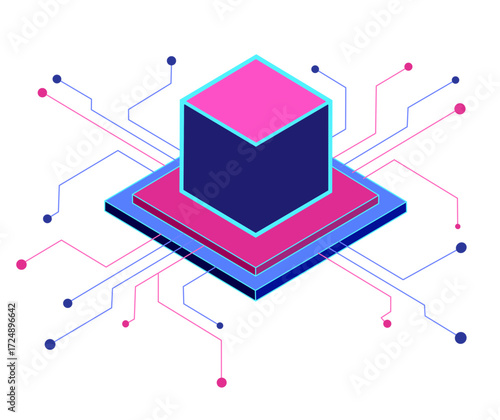 Quantum computing in action. A stylized visual of a powerful, glowing cube representing data processing, nestled on a circuit board, with vibrant nodes connecting globally.
