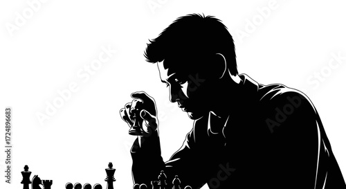 Intense Vector Silhouette of a Man Chess Master Making a Focused and Strategic Game Move