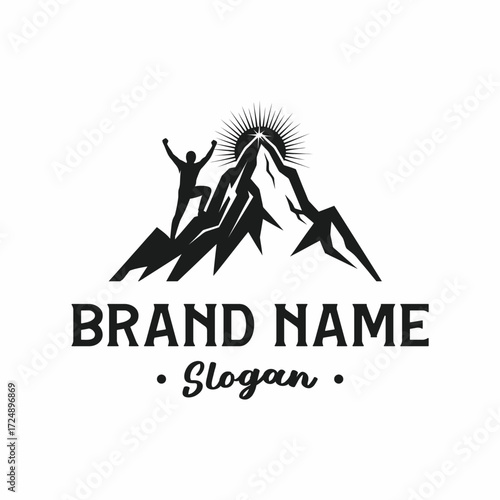 Mountain climber logo with sunburst and brand name.