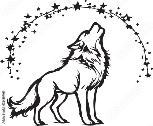 Wolf Howling at Moon and Stars | Mystical Animal Line Art Night Sky Illustration Design