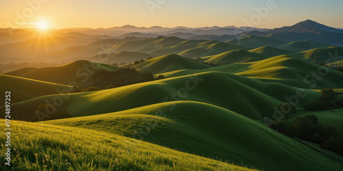 Breathtaking sunset over rolling green hills nature landscape photography peaceful outdoor environment scenic viewpoint
