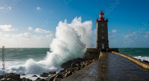 Powerful waves crashing near lighthouse