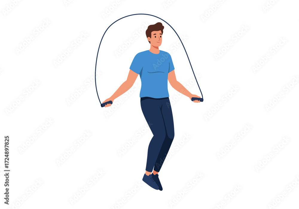 Obraz premium Man in blue shirt and jeans jumps rope against a white background in a vector illustration.