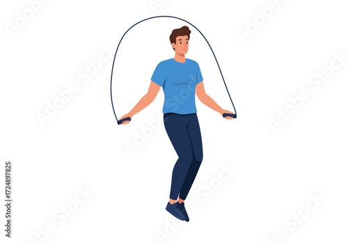 Man in blue shirt and jeans jumps rope against a white background in a vector illustration.