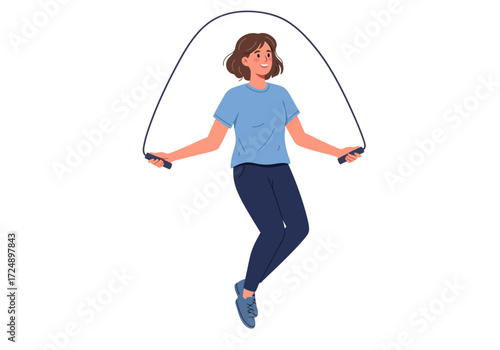 A woman with brown hair is jumping rope against a white background.