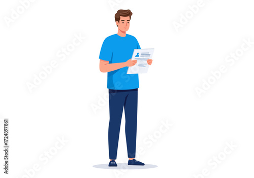 A young man in casual attire attentively reading a document, possibly a report.