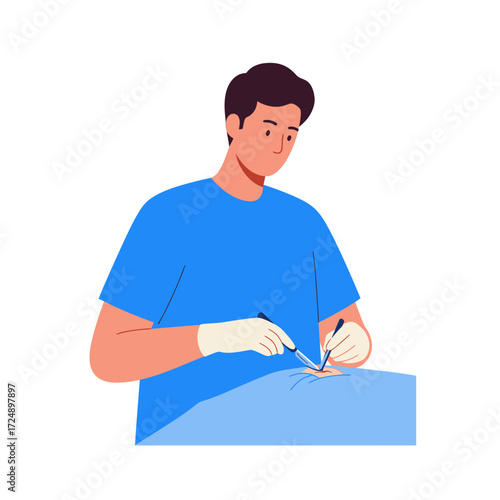A surgeon in blue scrubs performs an operation using a scalpel and forceps on a patient covered with a blue sheet.