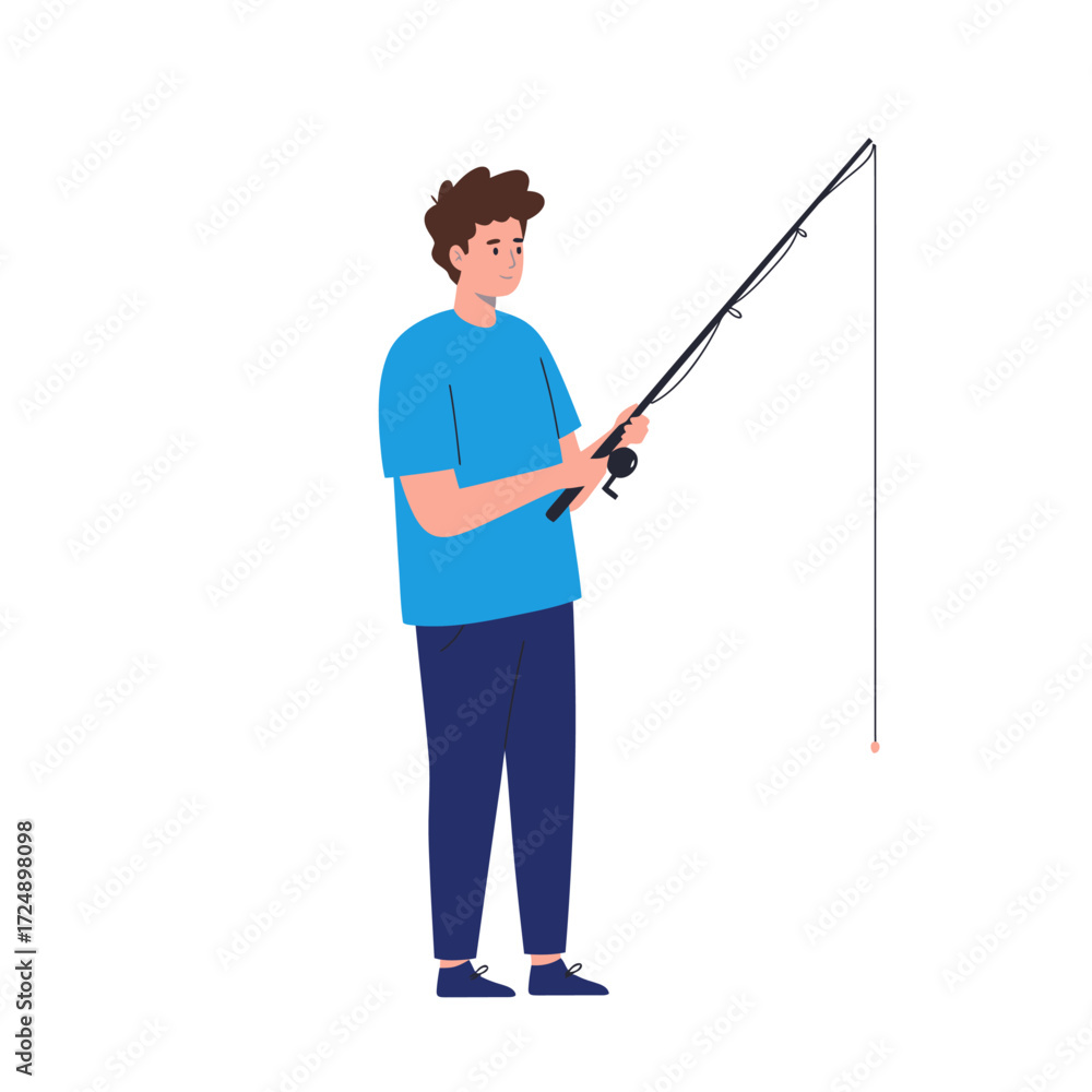 Obraz premium A man in a blue shirt fishing with a rod, isolated on white background.